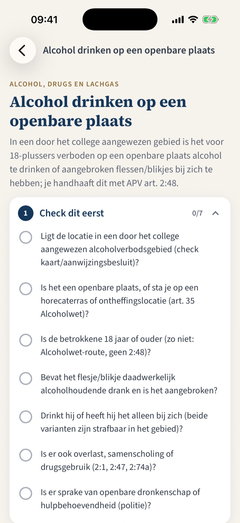 Situatiekaart Alcohol drinken op een openbare plaats met checklist